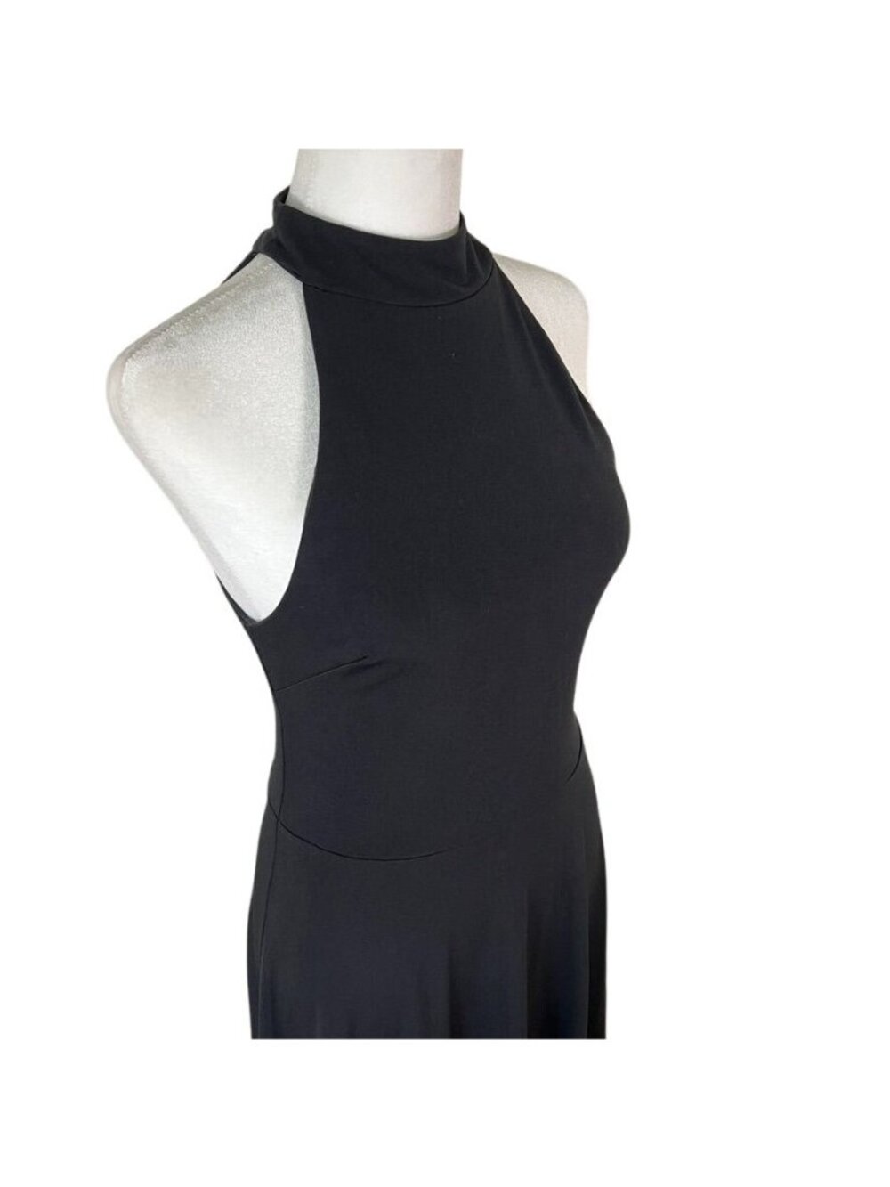 Black Halter Mock Neck Open Back Fit & Flare Jersey Midi Dress LBD S Cocktail - Picture 7 of 16